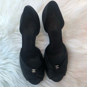 Chanel Silk CC Rhinestone Open Toe Pump